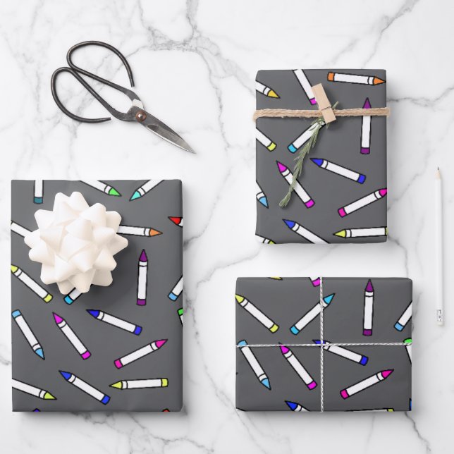 Cartoon Crayon Pattern Light Gray Wrapping Paper Sheets (Front)