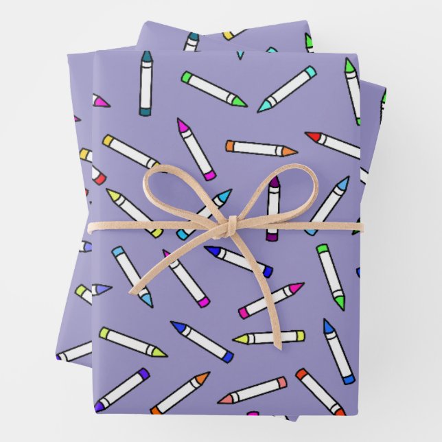 Cartoon Crayon Pattern Light Purple Wrapping Paper Sheets (In situ)