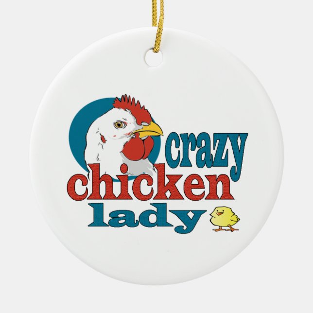 Cartoon Crazy Chicken Lady Ceramic Ornament (Front)