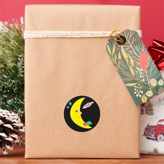 Cartoon Crescent Moon and Space Rocket Classic Round Sticker (Creator Uploaded)