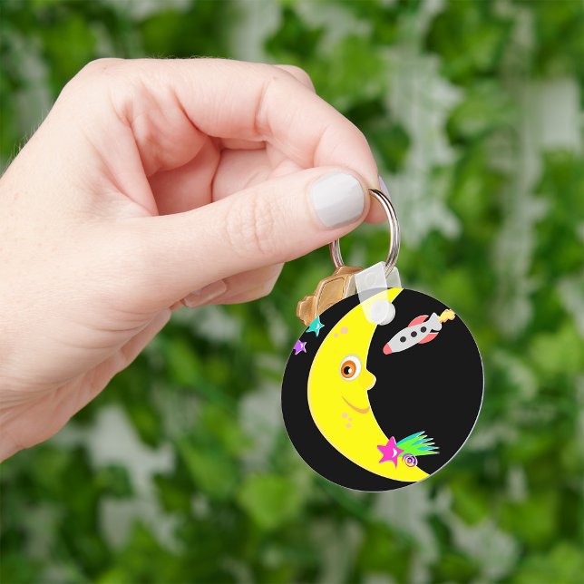 Cartoon Crescent Moon and Space Rocket Keychain (Creator Uploaded)