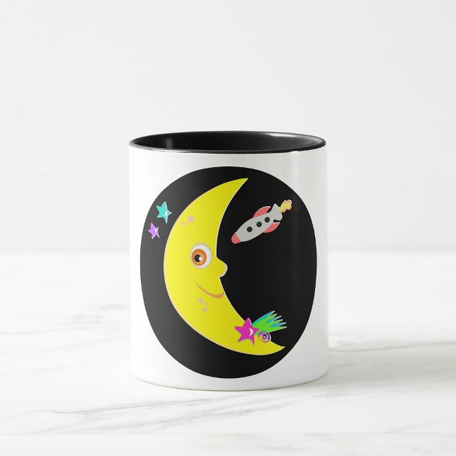 Cartoon Crescent Moon and Space Rocket Mug (Creator Uploaded)