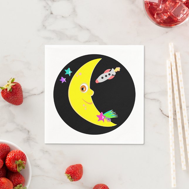 Cartoon Crescent Moon and Space Rocket Napkins (Creator Uploaded)