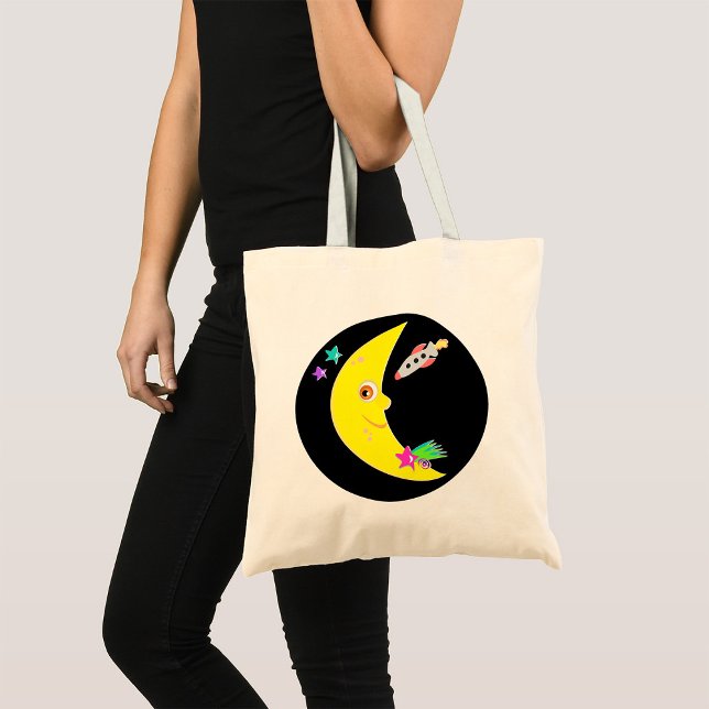 Cartoon Crescent Moon and Space Rocket Tote Bag (Creator Uploaded)