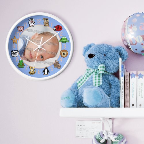 Cartoon Critters Kids and Babies Custom Blue Wall Clock