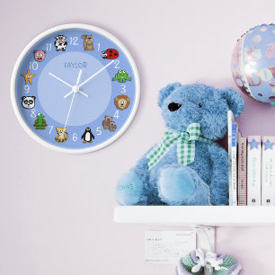 Cartoon Critters w/ Name Template Blue Clock