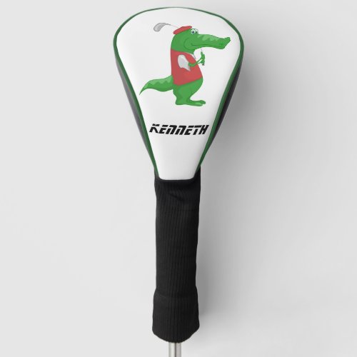 Cartoon crocodile playing golf with a red hat golf head cover