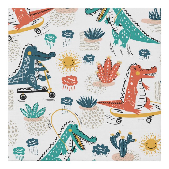 Cartoon Crocodile: Vintage Animal Wallpaper Faux Canvas Print (Front)
