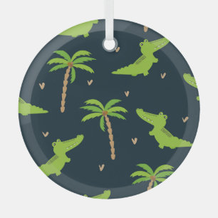Cartoon Crocodiles: Alligator Palms Pattern. Glass Ornament