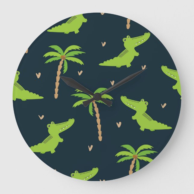 Cartoon Crocodiles: Alligator Palms Pattern. Large Clock (Front)