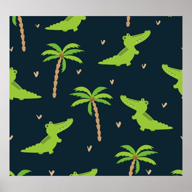 Cartoon Crocodiles: Alligator Palms Pattern. Poster (Front)