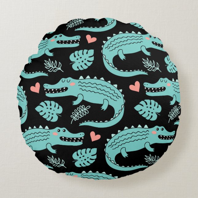 Cartoon crocodiles, cute seamless pattern. round pillow (Front)