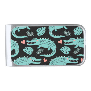Cartoon crocodiles, cute seamless pattern. silver finish money clip