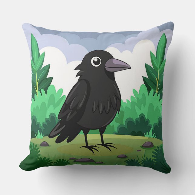 Cartoon crow Gothic Black Bird Aesthetic Throw Pillow (Front)