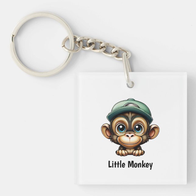 Cartoon Cute Baby with Hat Says Little Monkey Keychain (Front)