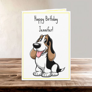 Cartoon Cute Basset Hound Puppy Dog Birthday Name Card
