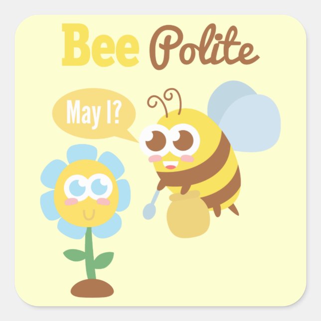 Cartoon: Cute bee collecting nectar from flower Square Sticker (Front)
