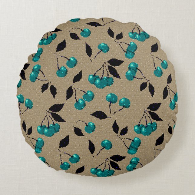 Cartoon cute blue cherry berry black leaves beige round pillow (Front)