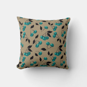 Cartoon cute blue cherry berry black leaves beige throw pillow
