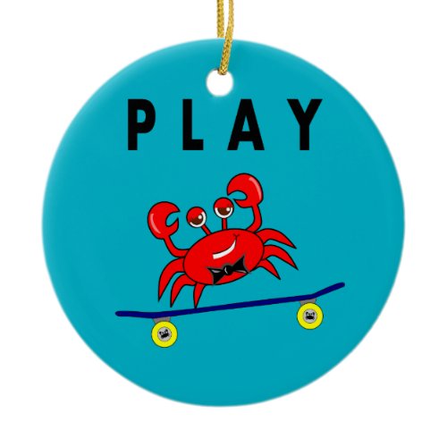 Cartoon Cute Crab on Skateboard Image Ceramic Ornament
