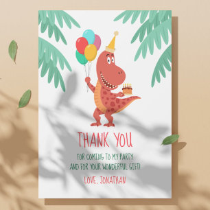 Cartoon Cute Dinosaur Birthday Hat Balloons Cake Thank You Card