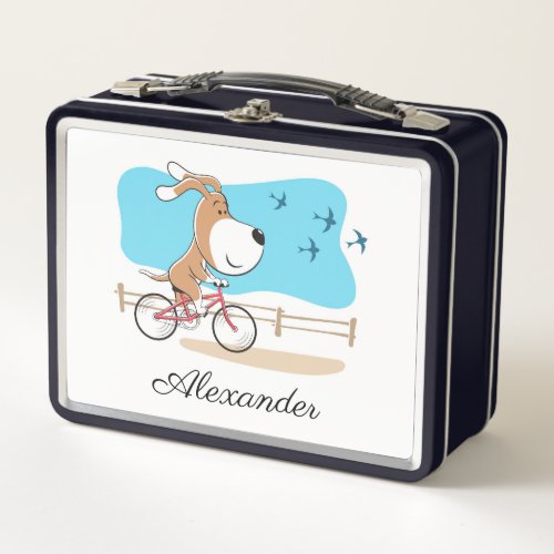 Cartoon Cute Dog Puppy Biking Riding Bicycle Metal Lunch Box