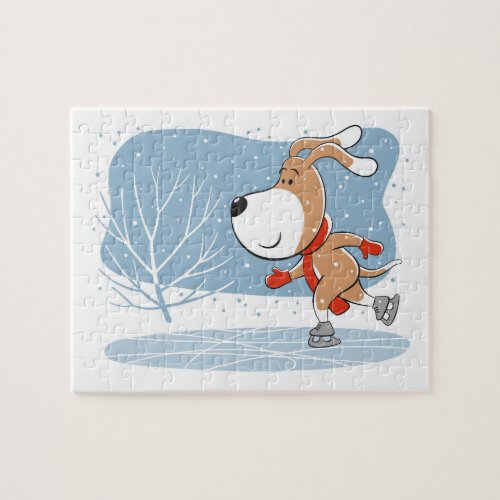 Cartoon Cute Dog Puppy Ice Skating Winter Snow Jigsaw Puzzle