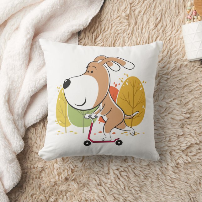 Cartoon Cute Dog Puppy Kick Scooter Autumn Park Throw Pillow (Blanket)