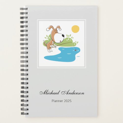 Cartoon Cute Funny Dog Puppy Fishing Outdoors 2025 Planner