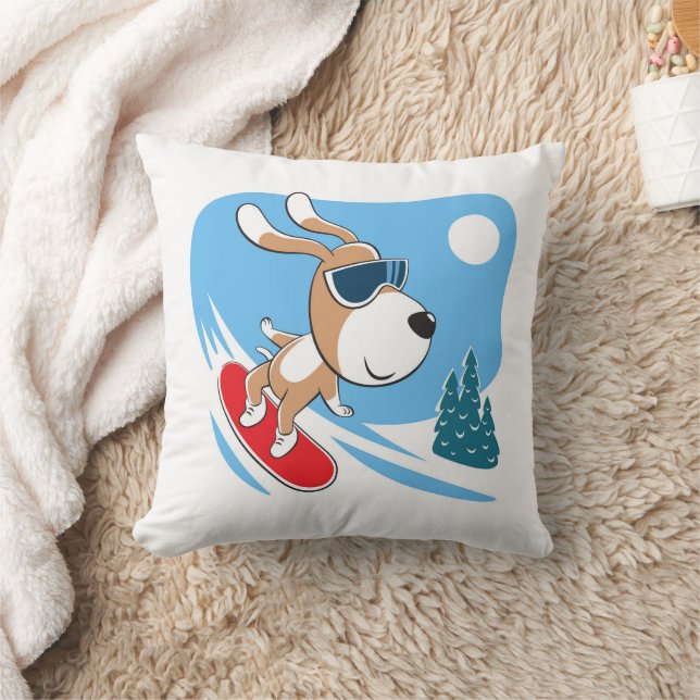 Cartoon Cute Funny Dog Puppy Snowboard Winter Sun Throw Pillow (Blanket)