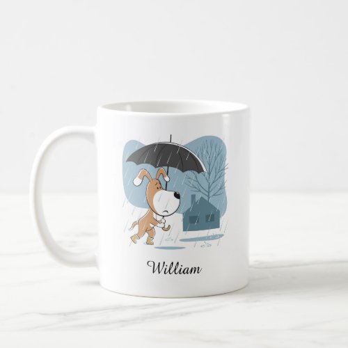 Cartoon Cute Funny Dog Puppy Walking Rain Umbrella Coffee Mug