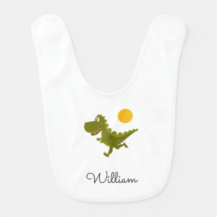 Cartoon Cute Funny Running Dinosaur Dino Sun Baby Bib