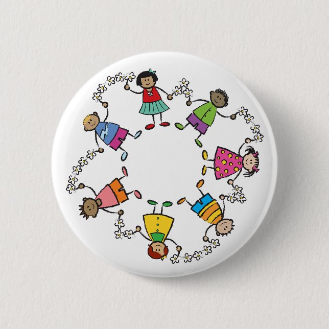 Cartoon Cute Happy Kids Friends Around The World Button (Front)