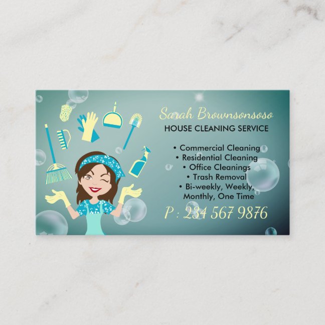Cartoon Cute Maid House Cleaning Service Business Card