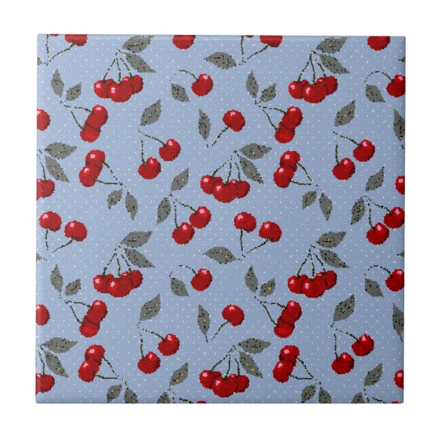 Cartoon cute red cherry berry green leaves blue ba ceramic tile (Front)