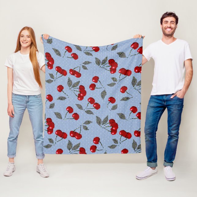 Cartoon cute red cherry berry green leaves blue ba fleece blanket (In Situ)