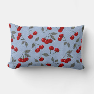 Cartoon cute red cherry berry green leaves blue ba lumbar pillow