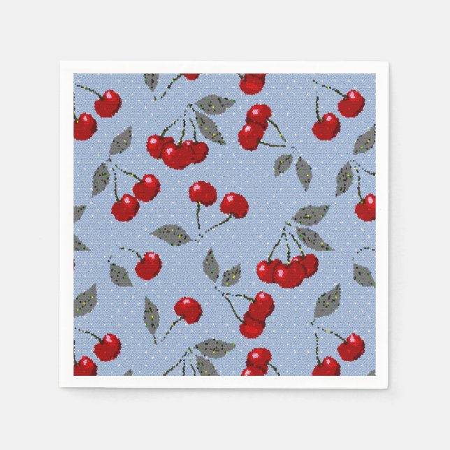 Cartoon cute red cherry berry green leaves blue ba napkins (Front)