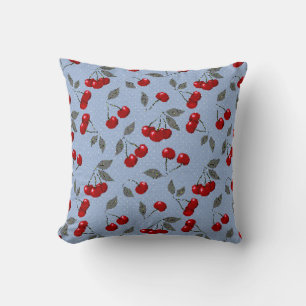 Cartoon cute red cherry berry green leaves blue ba throw pillow