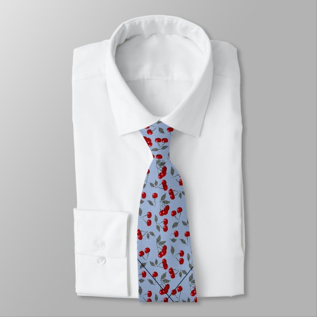 Cartoon cute red cherry berry green leaves blue neck tie (Tied)
