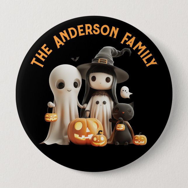 Cartoon Cute Witch Ghost Pumpkins Family Halloween Button (Front)
