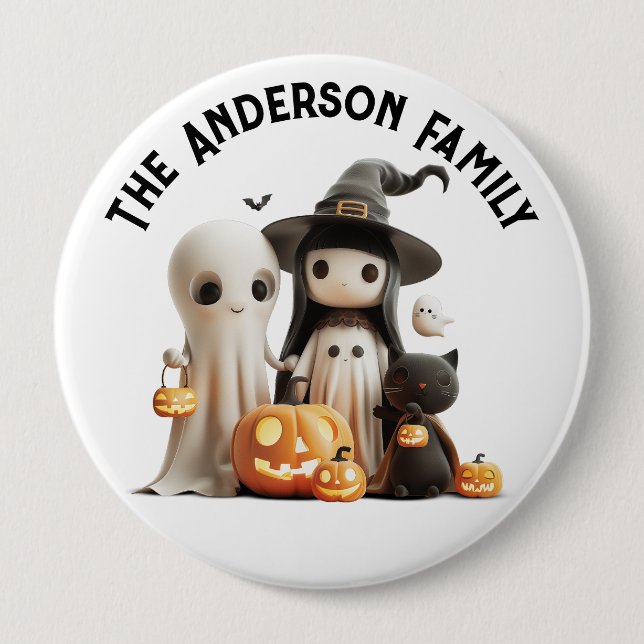 Cartoon Cute Witch Ghost Pumpkins Family Halloween Button (Front)