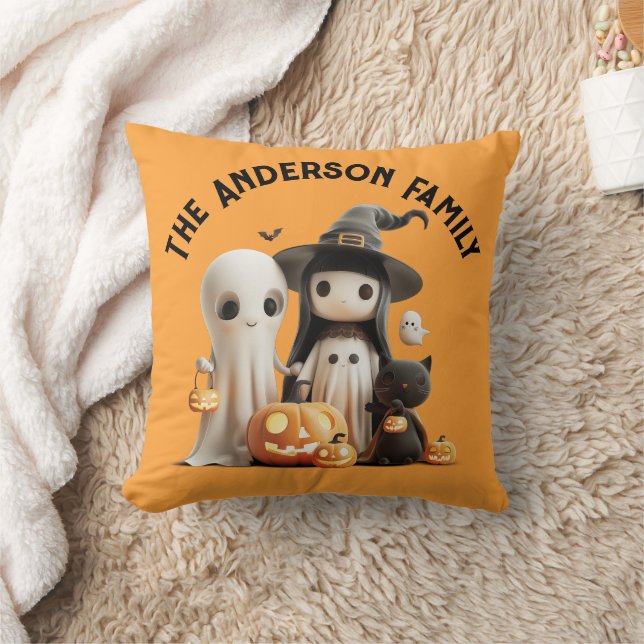 Cartoon Cute Witch Ghost Pumpkins Family Halloween Throw Pillow (Blanket)