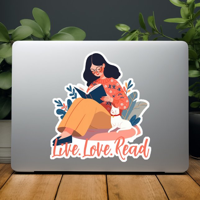Cartoon Cute Woman Reading Book with Cat Custom Sticker (Cartoon Cute Woman Reading Book with Cat Custom Sticker)