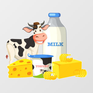 Cartoon Dairy Cheese Milk Cow Yogurt Grocery Store Wall Decal