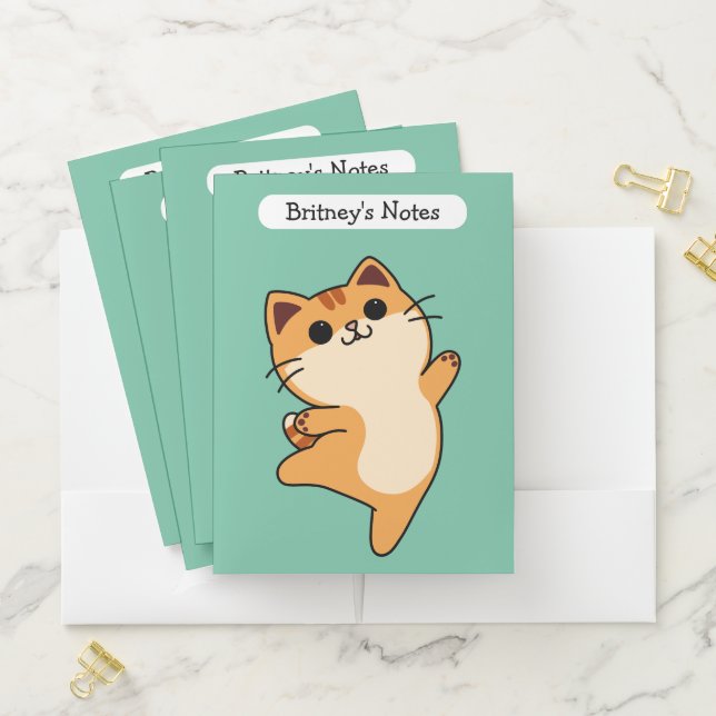 Cartoon Dancing Orange Cat, Custom, Green  Pocket Folder (In Situ)