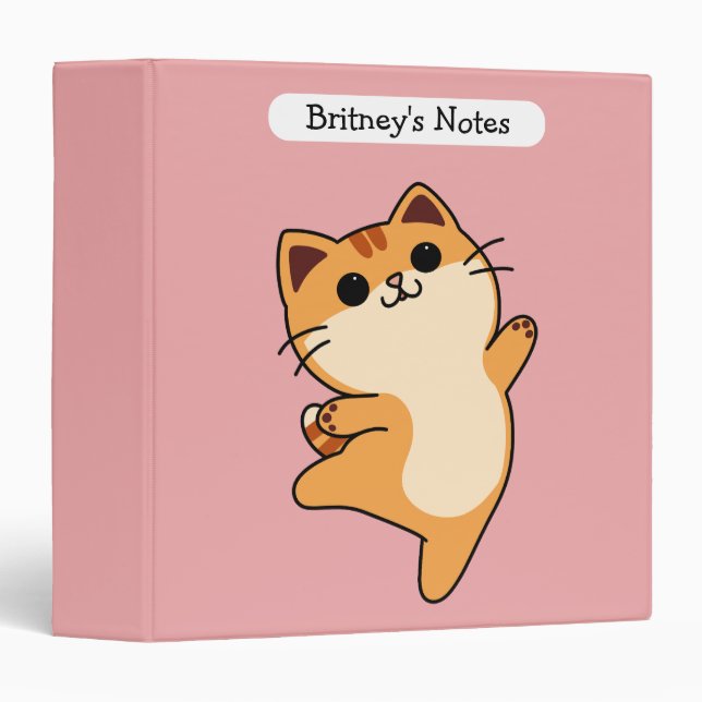 Cartoon Dancing Orange Cat, Custom, Pink 3 Ring Binder (Front/Spine)