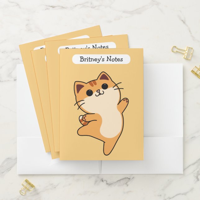 Cartoon Dancing Orange Cat, Custom, Yellow Pocket Folder (In Situ)