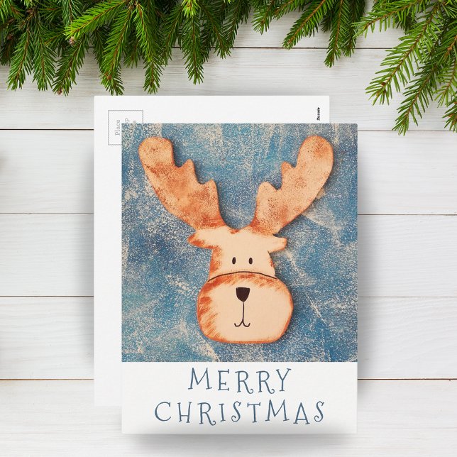 Cartoon Deer Head Reindeer Merry Christmas Holiday Postcard (Creator Uploaded)