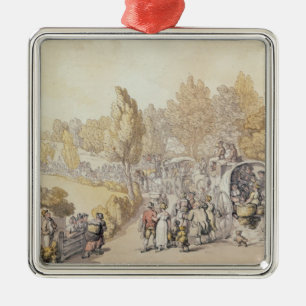 Cartoon depicting country folk leaving for metal ornament